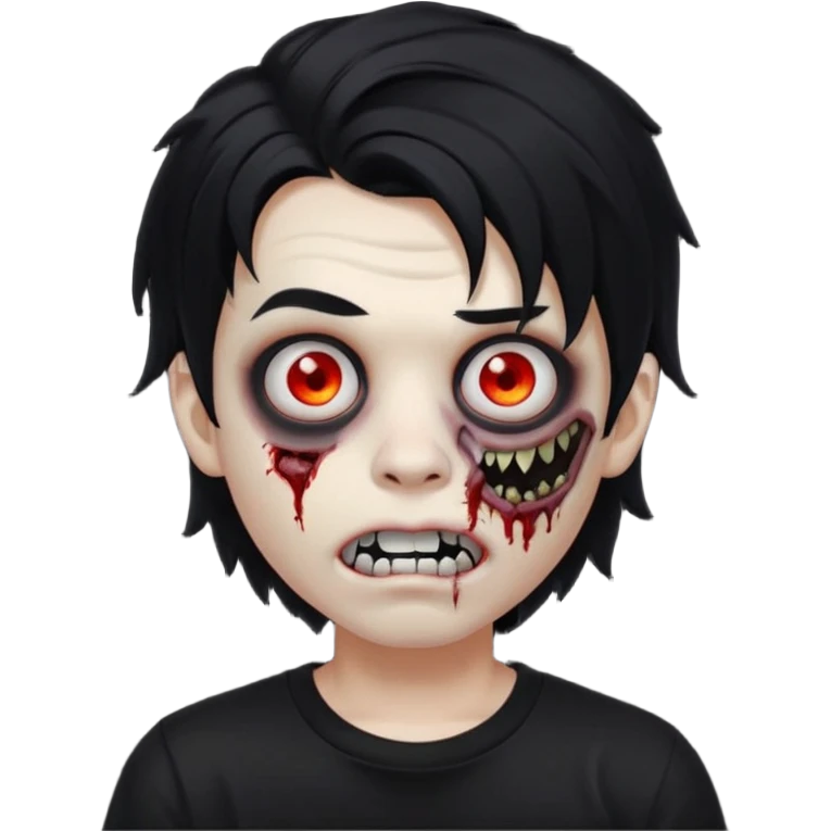 a boy with wavy hair, a zombie-shaped mouth piercing hum, and black hair with a black shirt too, and medium-length, wavy black hair, almost shoulder-length, with a lip piercing. with white skin emoji
