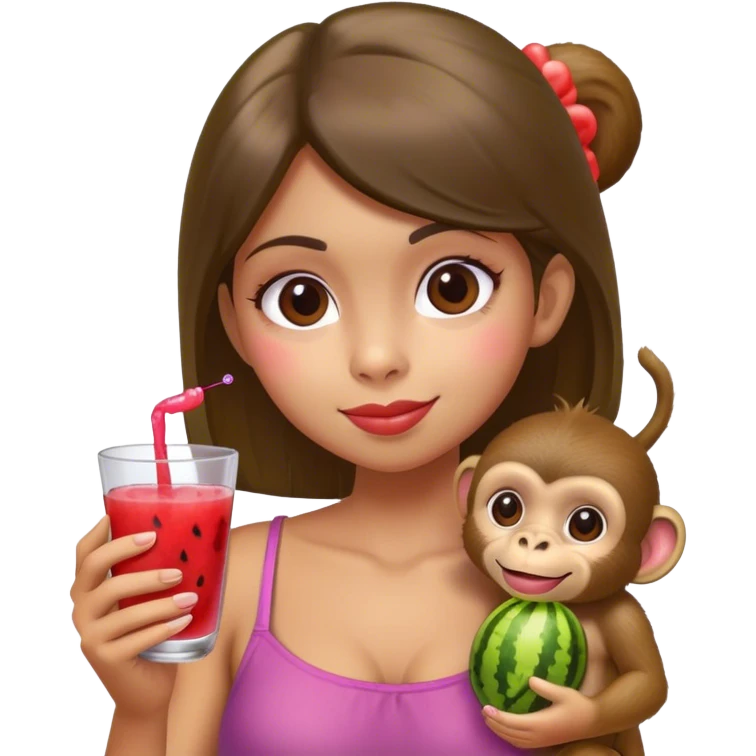 girl with monkey, grape juice, watermelon emoji