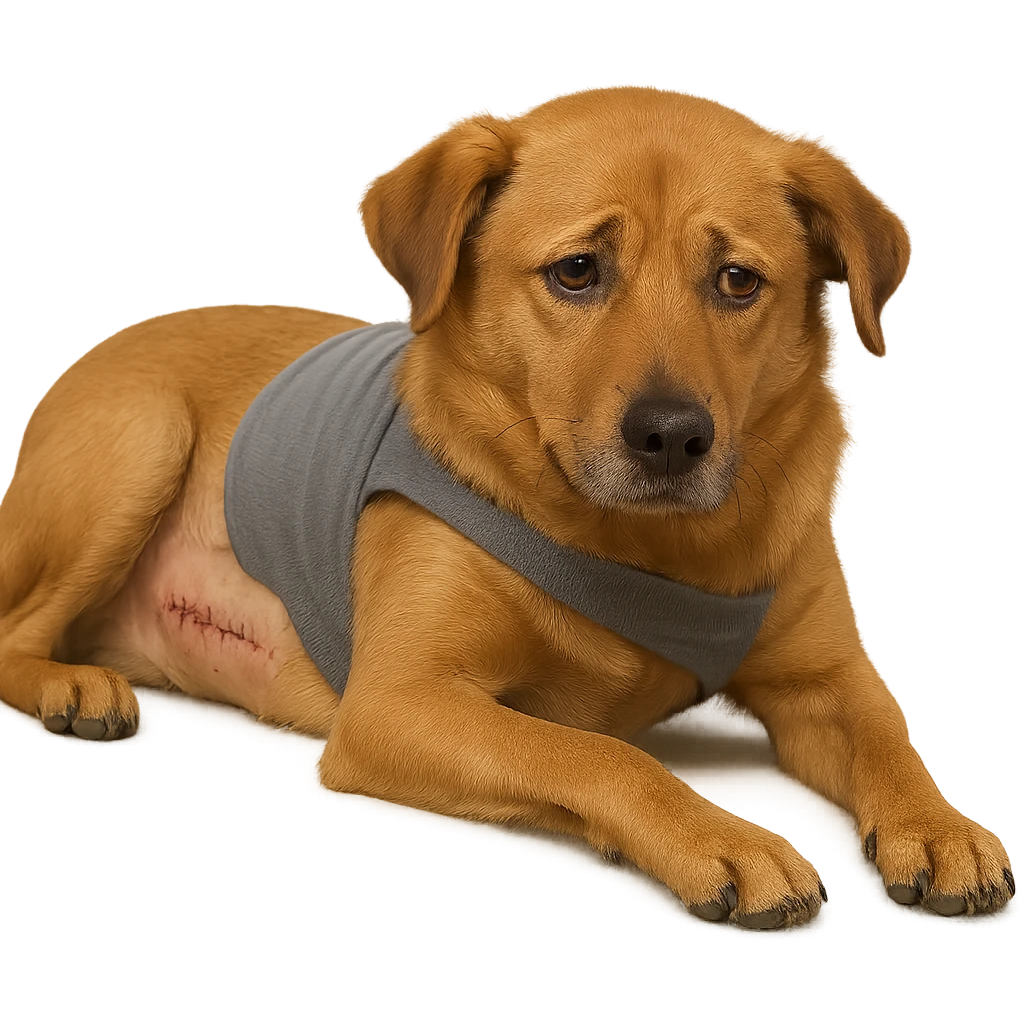 dog with a visible surgical scar and a soft wrap, lying down, looking a bit sad but safe, post-operation emoji