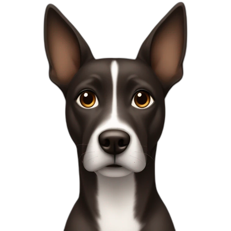 One white women with long dark brown hair and long eyelashes dark brown eyes and thick dark brown eyebrows with one black dog with a white stripe on the neck and ears raised up emoji
