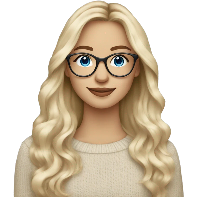 Blue eye long blonde balayage hair white woman beige sweater wearing glasses happy emoji