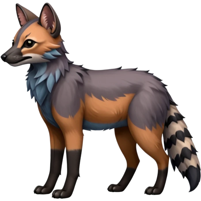 Realistic edgy bluish greyish blackish whitish silvery coppery Shiny Colorful Dusky Dark Gloomy Glossy Aardwolf-Maned-Wolf-Caracal-Lion-Bobcat-fusion-animal-hybrid-creature, full body, tufted ears, long thin tufted tail emoji