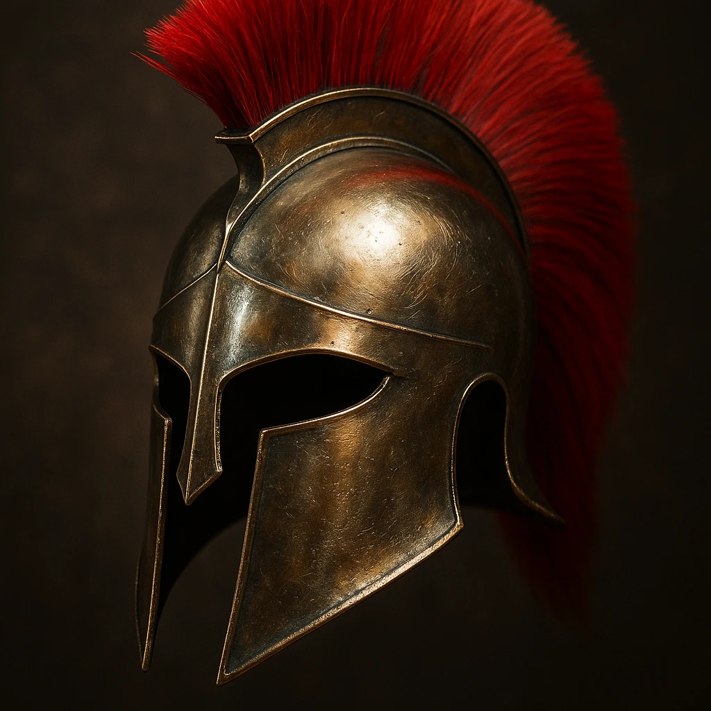 close-up of spartan helmet with red plume, metallic shine emoji