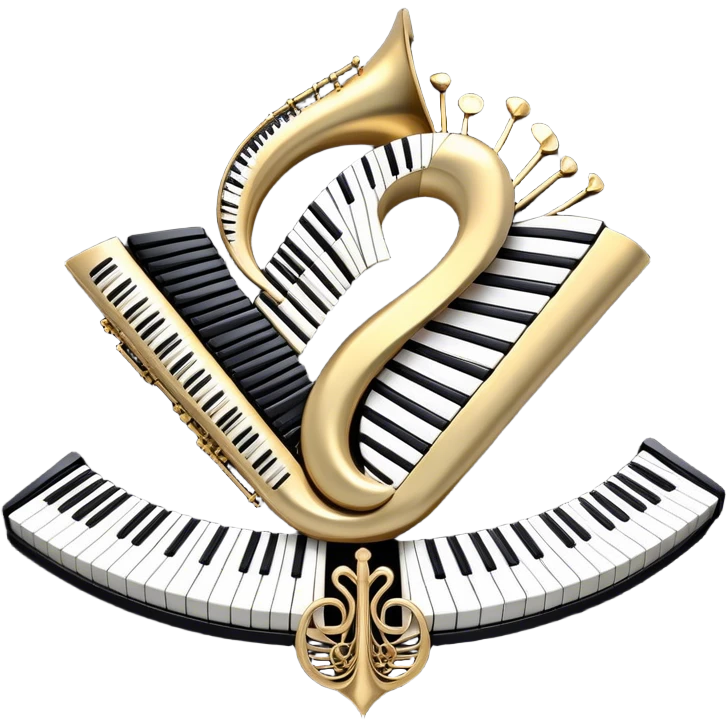 Create an elegant and festive emoji collage representing keyboard instruments, styled like a heraldic emblem. The design should feature a central focal point of black and white piano keys, arranged in a semi-circular or shield-like shape. Around the piano keys, add intertwining musical notes that form flowing ribbons, creating a dynamic and celebratory atmosphere. The design should be professional, with polished silver and gold accents on the keys and notes, highlighting the luxury and sophistication of the instruments. Add subtle shading and lighting effects to give the design a refined, 3D appearance. The background should remain transparent, and the overall feel should evoke grandeur, artistry, and a sense of celebration. emoji