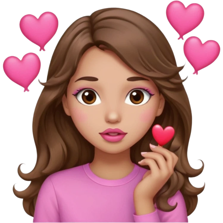 girl with long wavy brown hair, brown eyes, light to medium complexion, in a pink shirt, pink lips, long lashes, sexy , puckering lips kissing, blushing with hearts emoji