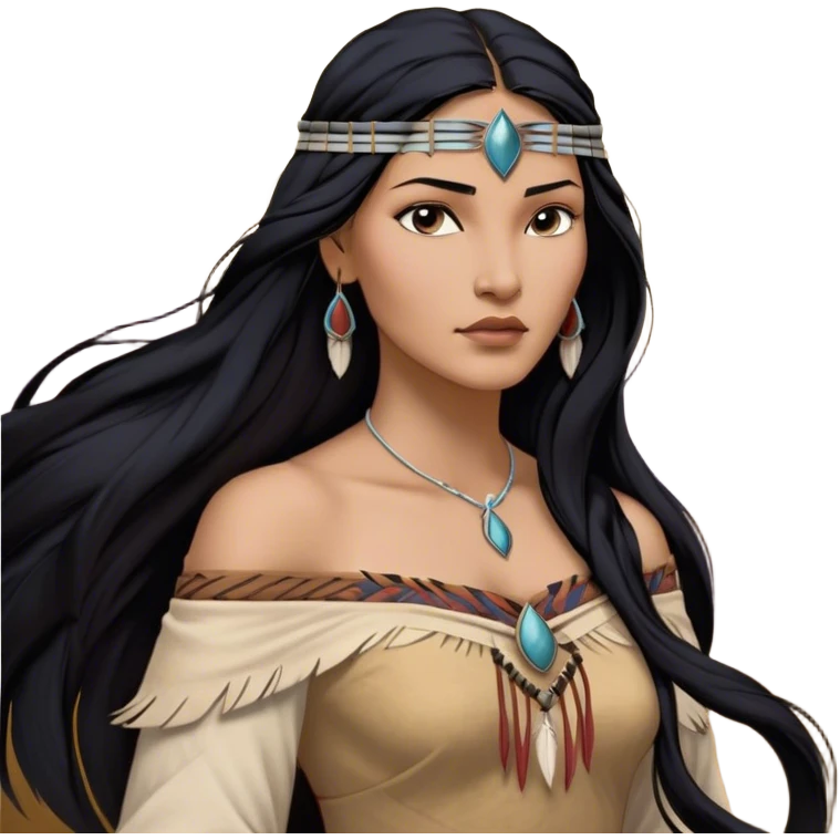 Cinematic Realistic Pocahontas Portrait, depicted with lifelike skin texture, soft natural lighting, and intricately detailed long, flowing raven-black hair that moves gracefully in the wind. Her deep, soulful dark brown eyes exude wisdom and strength, complemented by a serene yet powerful expression. She is dressed in her classic one-shoulder native american dress, with rich fabric textures and delicate beaded details that catch the light beautifully. The portrait features a soft, sun-kissed glow with a natural, radiant finish, capturing the essence of untamed beauty and deep connection to nature in a realistic and painterly style, evoking a sense of depth and authenticity. emoji