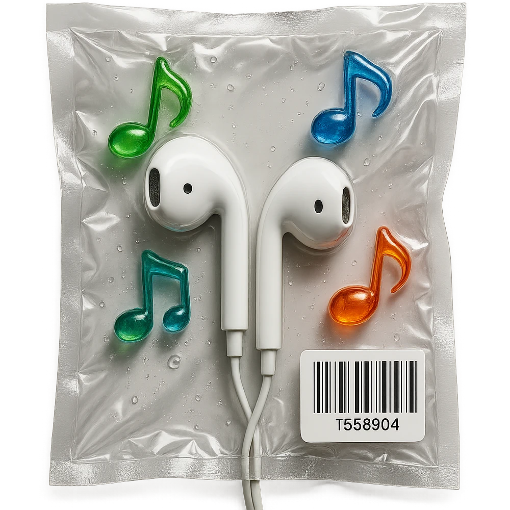 white EarPods headphones with three small rainbow glass music notes arranged around, glossy emoji