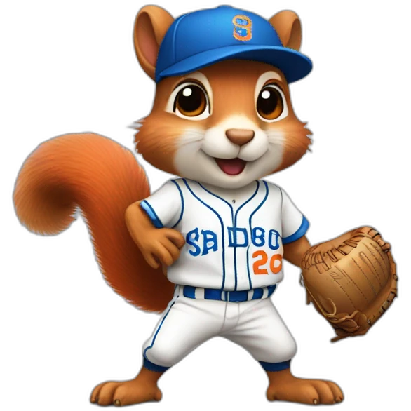 Squirrel dressed as a baseball player with blue and orange colors emoji