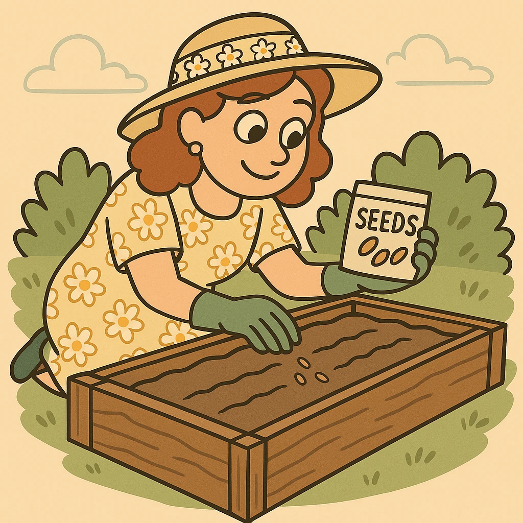 Change the woman's outfit to a floral dress and sunhat in a flat toon style. emoji