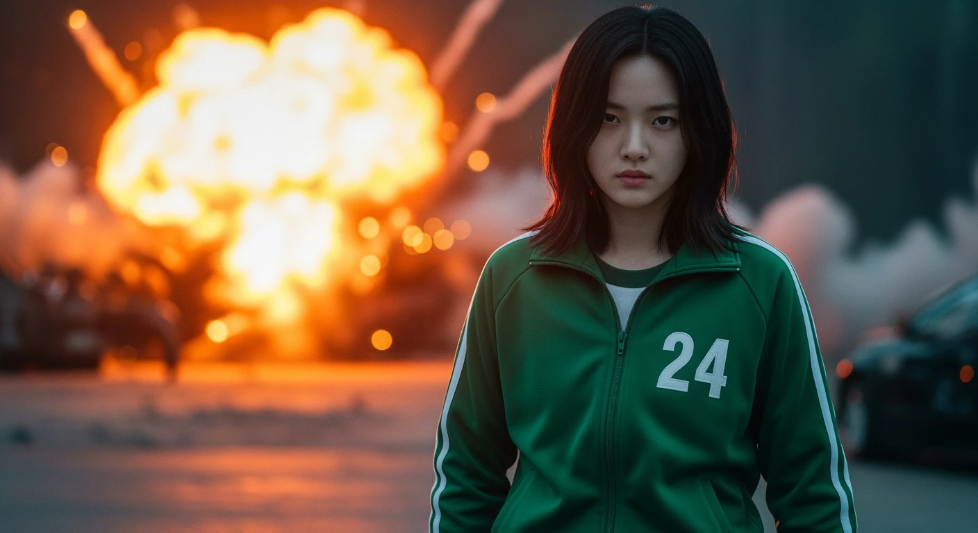 Cinematic still from "squid game" character movie, explosion in background emoji