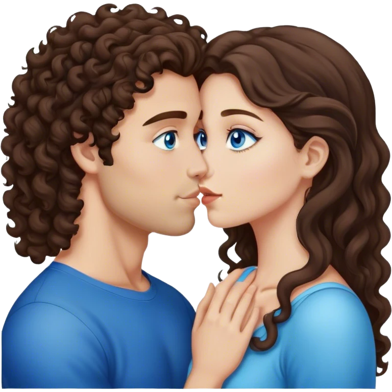 Caucasian guy with Curly brown hair and brown eyes kisses a beauty brunette with long straight hair and blue eyes emoji
