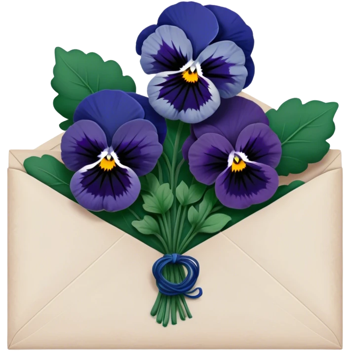 A gracefully aged love letter sealed with a deep green wax stamp, resting beside a navy blue bouquet of pansies. emoji