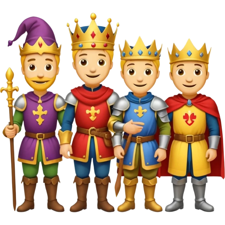 fait moi un Roi 1 Connétable un Chevalier un paysan et un Bouffon avec le style graphique cartoon et personnage jaune emoji