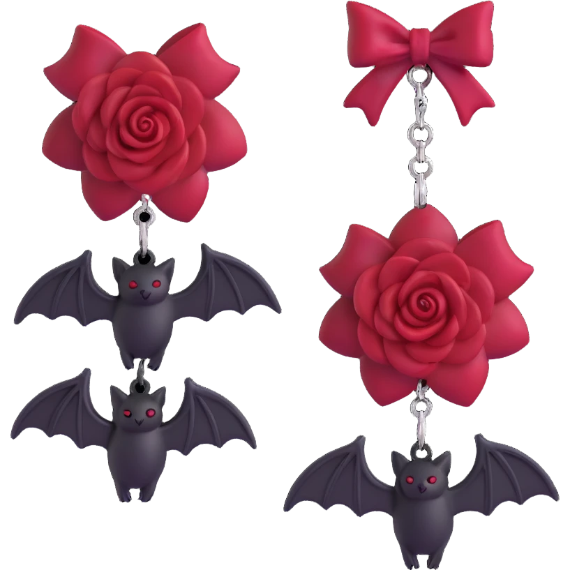gothic earrings with crimson velvet bows, silver bat charms, deep red rose accents, dramatic and gothic emoji