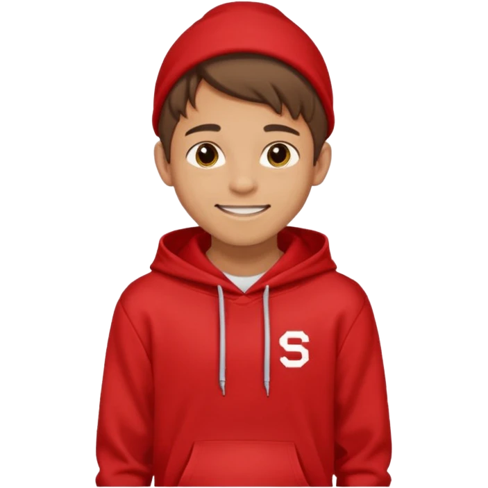 make me an emoji of an americain 19 yearold boy in a red hoodie that says "south" on it and give him with tan skin with his hands in his pockets with the sleevs pulled up grining with a jaw line  emoji