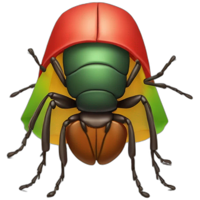 full view of a light brown bedbug with a red headband, shoulder-length black hair down to the ears. It is dressed in a red poncho (with red, yellow and green vertical lines) emoji