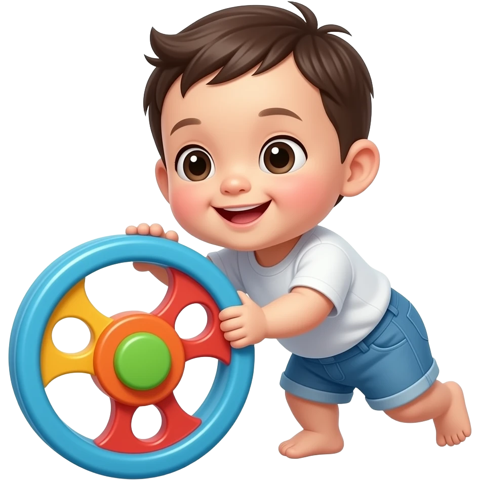 cute asian baby playing with big toy wheel emoji