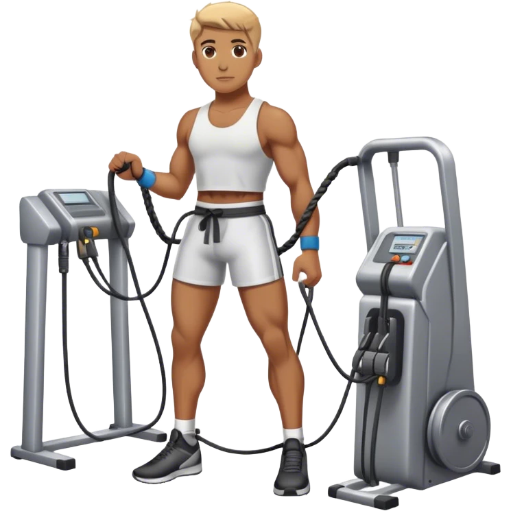 athlete standing next to cable-machine with cable tied to ankle cuffs emoji