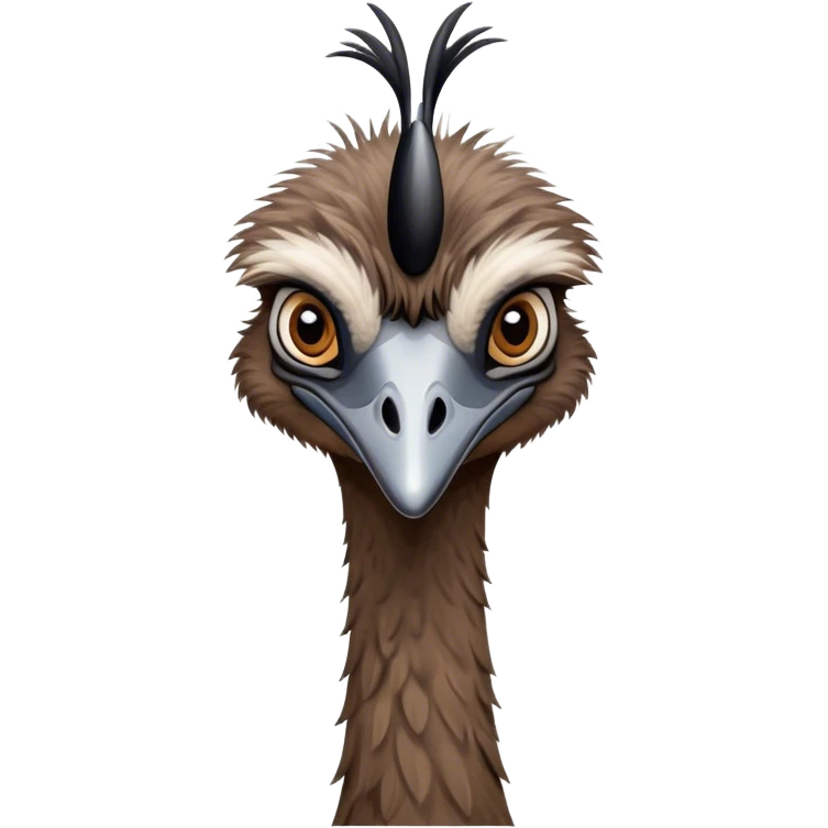 Cinematic Noble Emu Portrait Emoji, Poised and regal, with a tall, slender build and a shaggy, well-groomed fur of earthy brown feathers, a long elegant neck and deep-set soulful eyes, Simplified yet sharp and sophisticated features, highly detailed, glowing with a soft, dignified glow, high shine, intelligent and stately, stylized with an air of outback majesty, focused and attentive, soft glowing outline, capturing the essence of a watchful and confident bird, so majestic it feels as though it could stride out of the screen with effortless authority! emoji