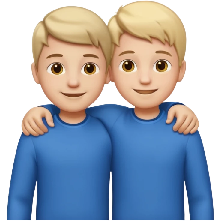 Two cartoon-style 2 boys with similar features, arms around each other's shoulders, smiling, matching outfits, standing close, white background, emoji style emoji