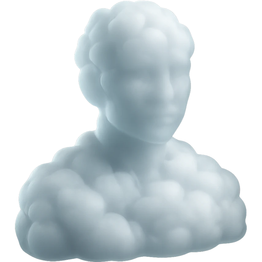 person looking straight, shoulders up, fully made of white fluffy convex clouds, matte glass style, airy and realistic clouds, no background emoji