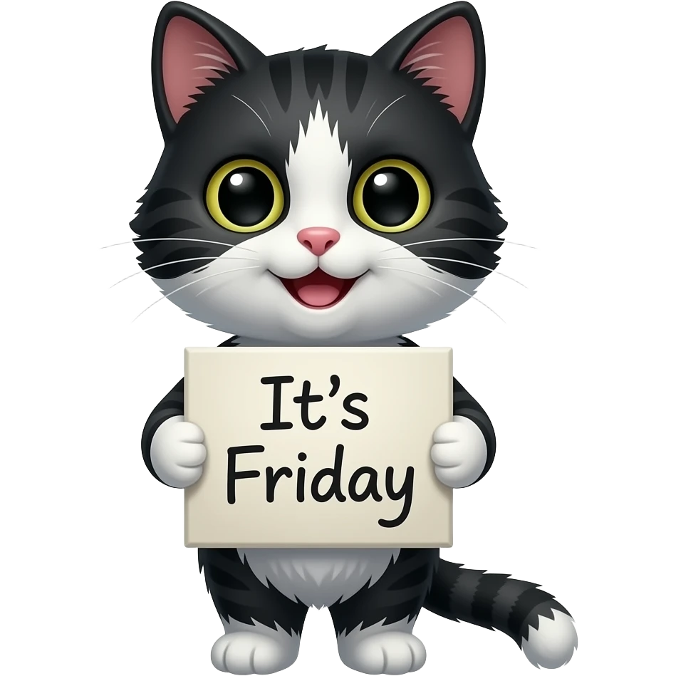 A simply adorable black and  white furry Cat smiling big, carrying a “It's Friday” sign, 8k. High detail, 3d rendering emoji
