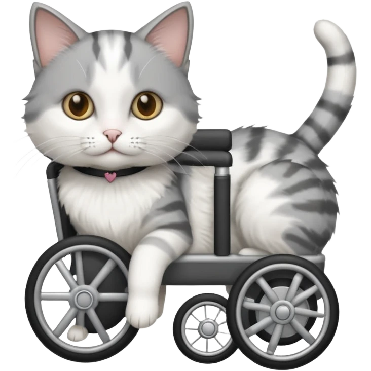 grey and white cat in a pet wheelchair emoji