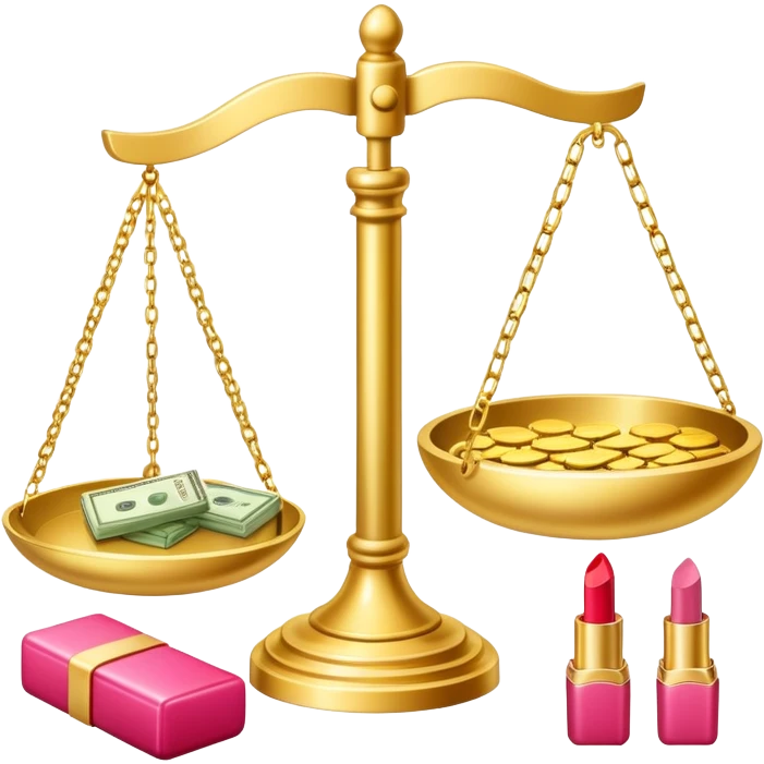 gold scale with dollars on one side and beauty products like lipstick, perfume, makeup on the other emoji