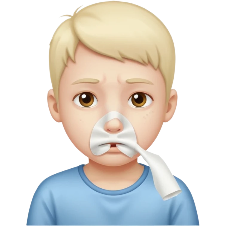 sick kid with tissue on nose and fever emoji