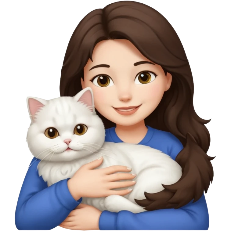 Brunette woman snuggling white Persian cat emoji