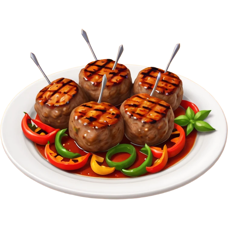 Akçaabat meatballs object icon, grilled Turkish kofte pieces on a plate, smoky char marks, juicy texture, served with grilled peppers and tomatoes, 3D cartoon, mobile game icon style, centered, clean background, no text, no watermark
 emoji