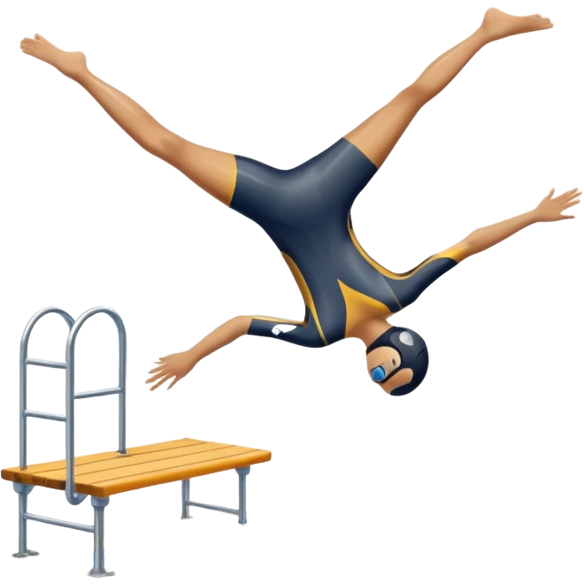 An icon showing a diver captured mid-air in a graceful pose above a pool, with a diving board behind and water below. Splash trails and motion lines emphasize precision and elegance. Transparent background highlights the beauty and focus of competitive diving. emoji