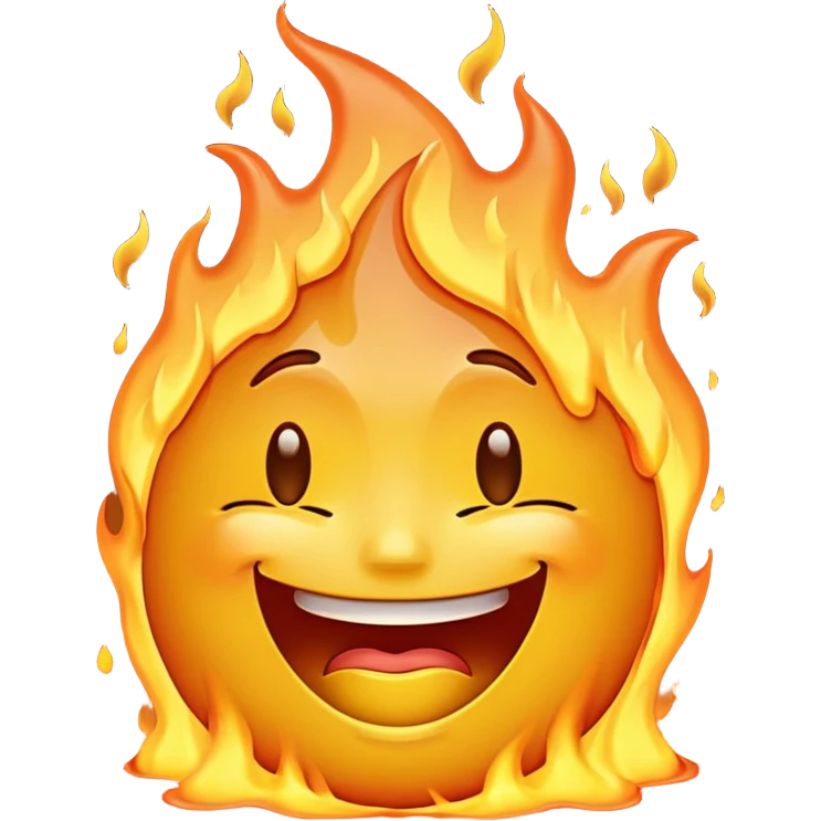 A high-resolution, surreal emoji face with a transparent background. The emoji is simultaneously grinning, crying, and melting while on fire.  emoji