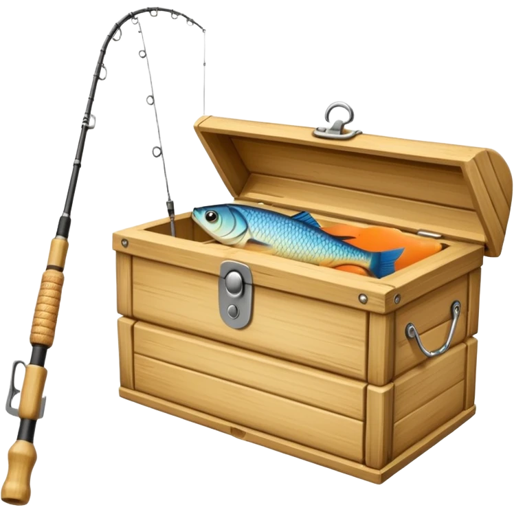 A fishing rod with reel and line neatly coiled beside a bait box. emoji
