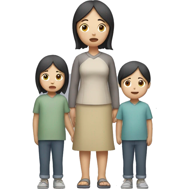 asian sad mum holding two kids, full body standing emoji
