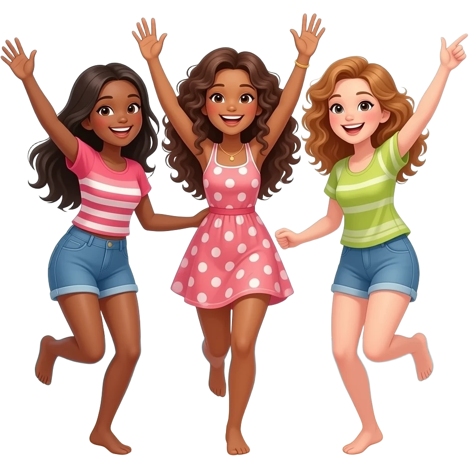 tre ragazze che si divertono al mare realistico una più scura una con i ricci emoji