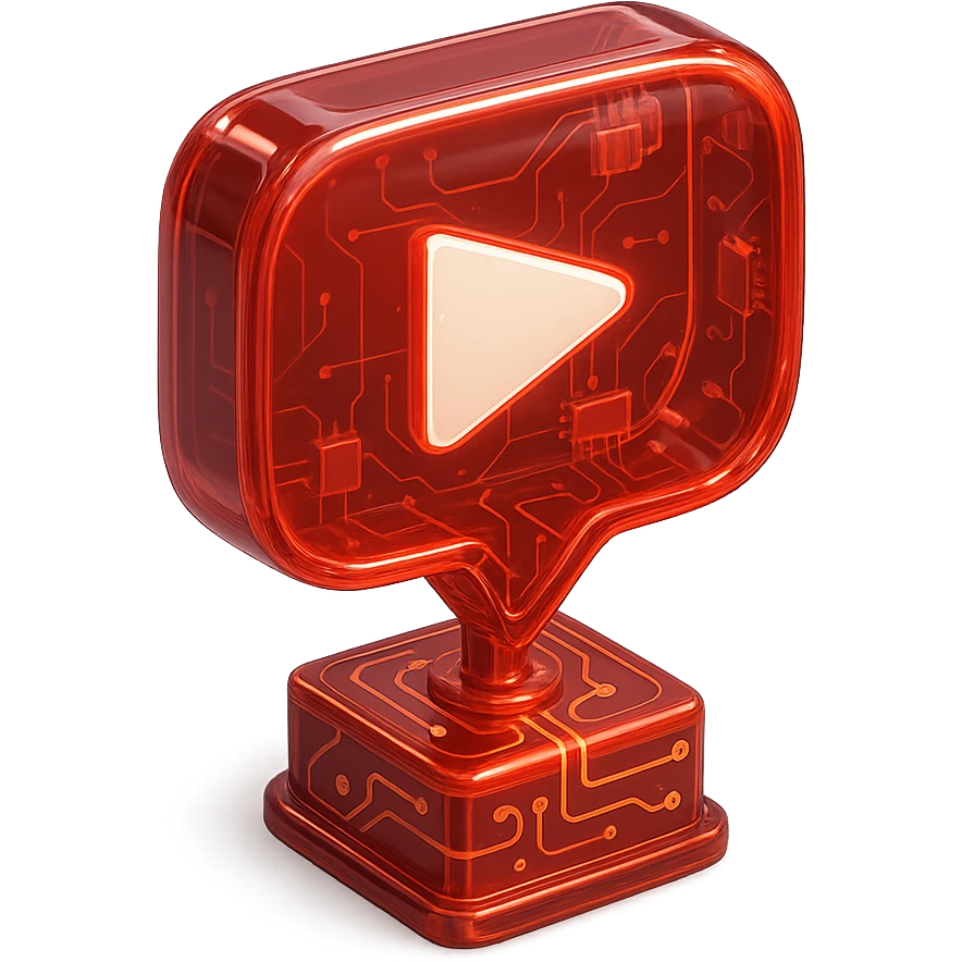 red speech bubble with a YouTube play button, trophy base, glossy circuit style emoji