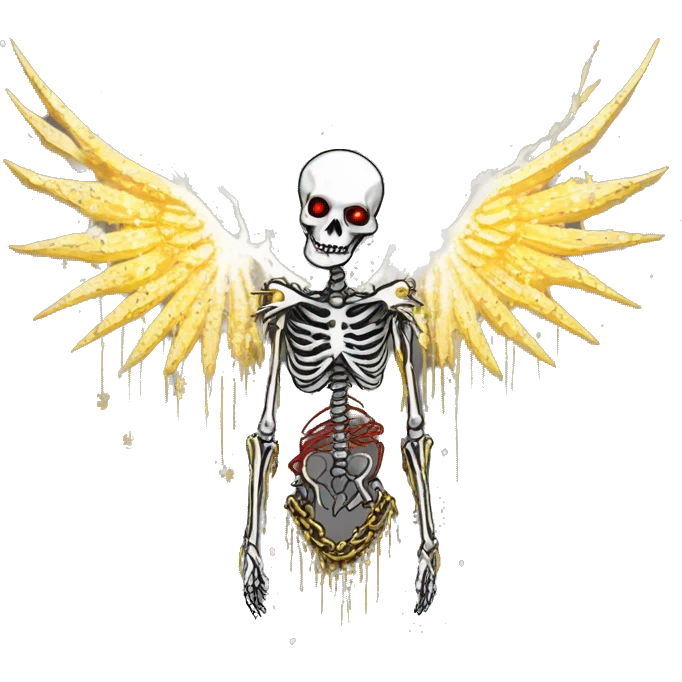White skeleton zombie person covered in golden chains and black graffiti scribbles and red and silver doodles wings made of neon lightning snowing snowflakes emoji