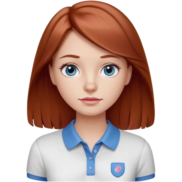 Create emojis of a girl with light brown / dark red hair slightly wavy below the shoulder. Her eyes are gray-blue, her nose is small and straight, and her lips are pink and small. Eyes with long eyelashes. The polo shirt is white. The emoji itself is up to chest level. emoji