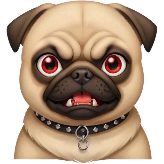 angry pug emoji with intense red eyes, small fangs, black spiked collar, fierce and funny expression, 2D bright and clean style, comic touch emoji