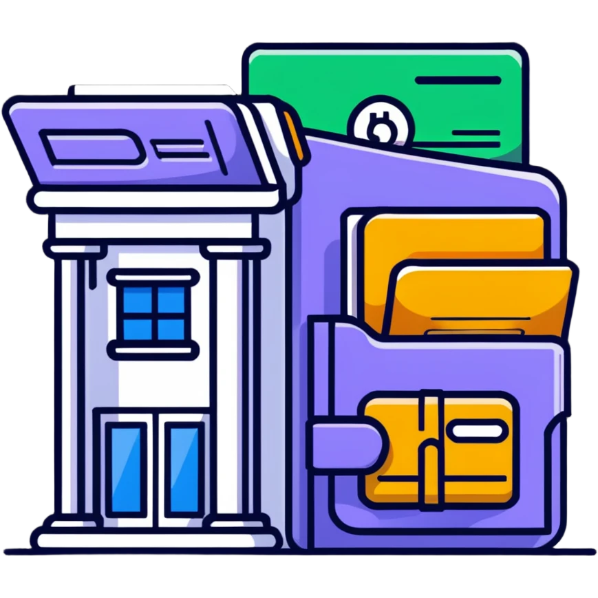 Closed folder icon with small symbols floating around: bank building, credit card, calculator, and document – organized financial archive emoji