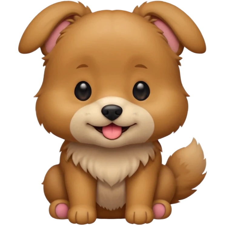 Cute small brown fluffy dog emoji icon. Round face, short muzzle, light brown fur with slightly darker ears, small black nose, happy smiling expression with tongue out. Soft friendly eyes, sitting pose with front paws together. Simple clean vector style, minimal details, kawaii style. emoji