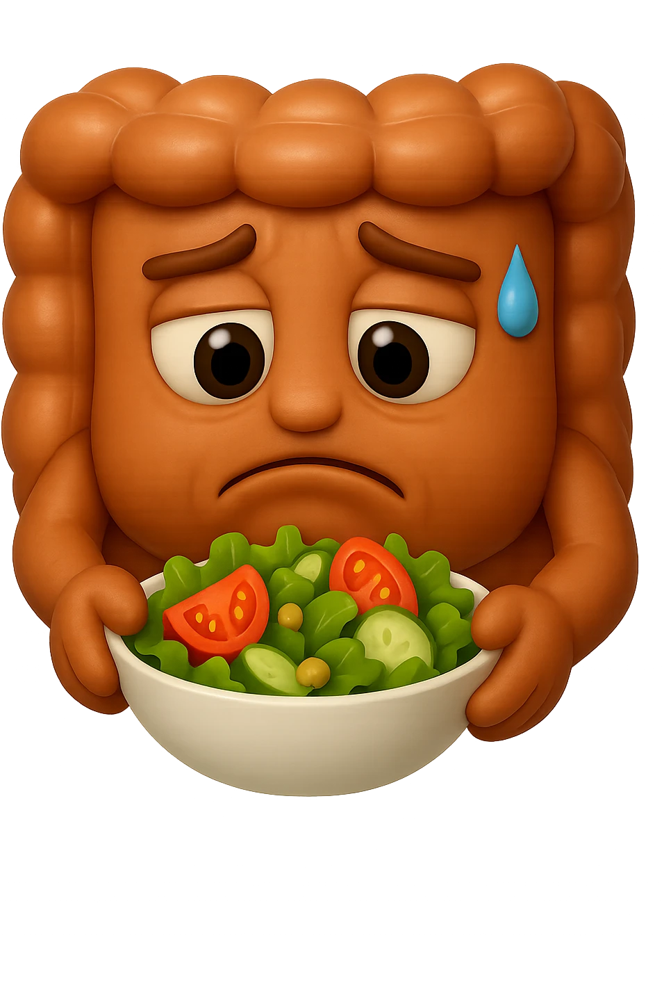 EMOJI STILE IPHONE DI UN INTESTINO UMANO ANATOMICO CHE GUARDA UN INSALATA CON ESPRESSIONE TRISTE E RASSEGNATA IN VOLTO: SOFFRE LA FAME PERCHé è A DIETA, FAGLI ANCHE LA PARTE BIANCA DEGLI OCCHI, NON SOLO LE PUPILLE, IPERREALISTICO 4K emoji