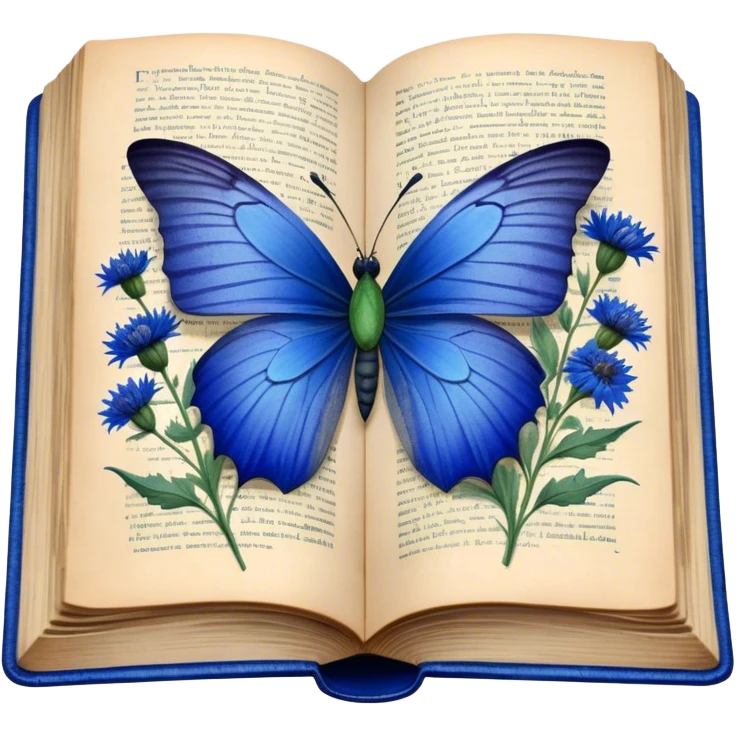 A vintage book with a worn blue cover, open to reveal pressed blue cornflowers and a resting green butterfly. emoji