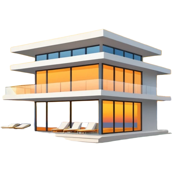 contemporary modern villa, flat roof, big windows with yellow-orange sunset reflection emoji