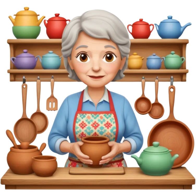 cartoon Apple iOS emoji style rural elderly woman, pastel colors, Chilean wooden kitchen background, clay pots, warm light, detailed and clean vector art emoji