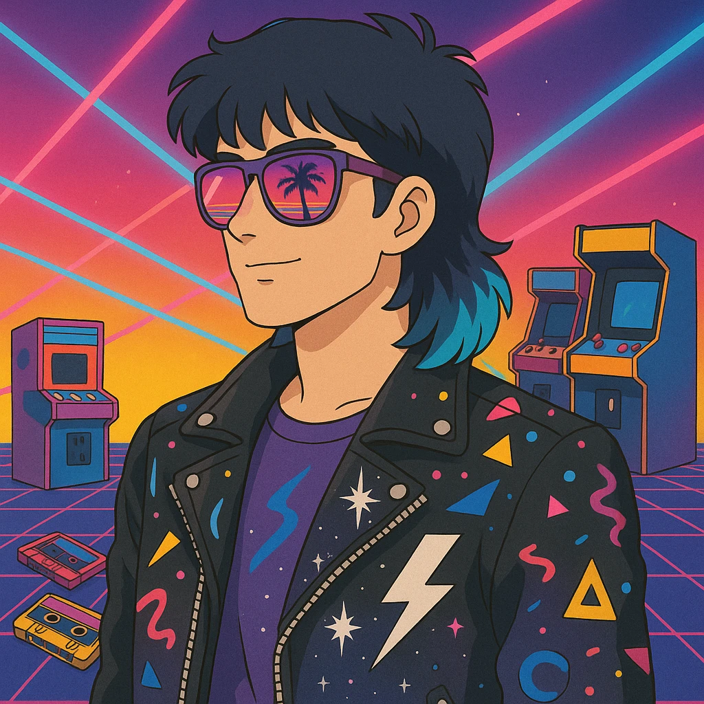 80s retro-futurism male portrait with mullet haircut with neon blue tips, airbrushed sunglasses with pink-purple gradient and palm/sunset reflection, leather jacket with lightning, cosmic, and Memphis Design patterns, neon gradient background with perspective grid, laser beams, cassettes, arcade games, Commodore 64, MTV-era palette emoji