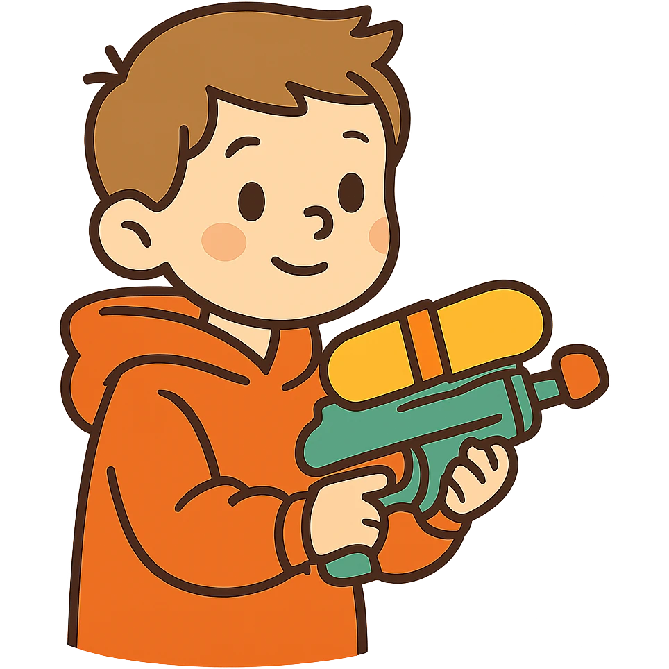flat toon style little white kid in oversized hoodie, holding a cartoonish water gun emoji