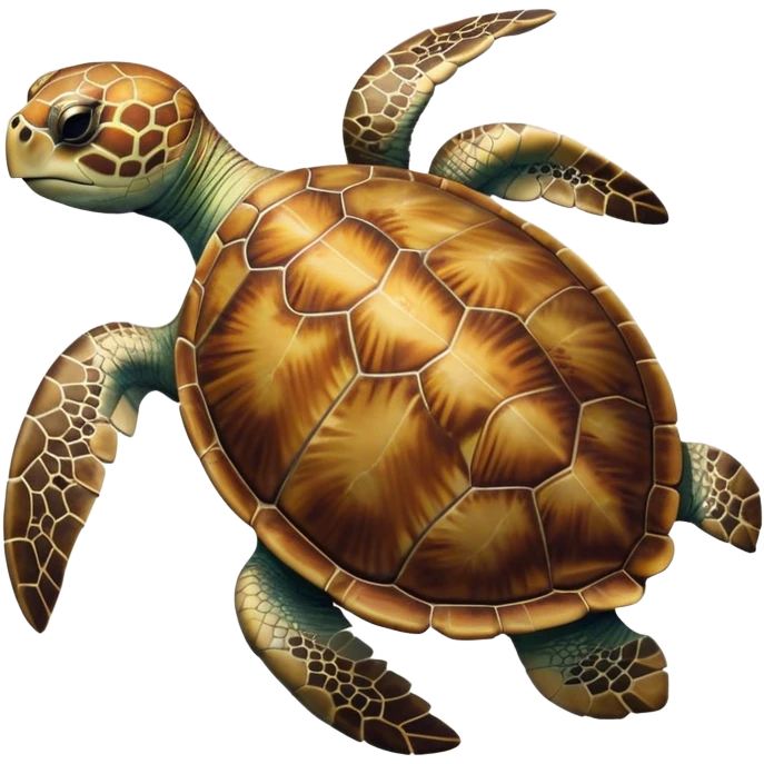 Cinematic Realistic Noble Sea Turtle Portrait Emoji, Poised and dignified, with a robust, time-worn shell intricately patterned in earthy tones and a weathered, wise face with deep, observant eyes, rendered with lifelike texture and natural, diffused light; high shine, intelligent and serene, styled with an air of oceanic majesty, focused and attentive, soft glowing outline, capturing the essence of a watchful and confident sea turtle that appears to glide out of the screen with timeless authority! emoji