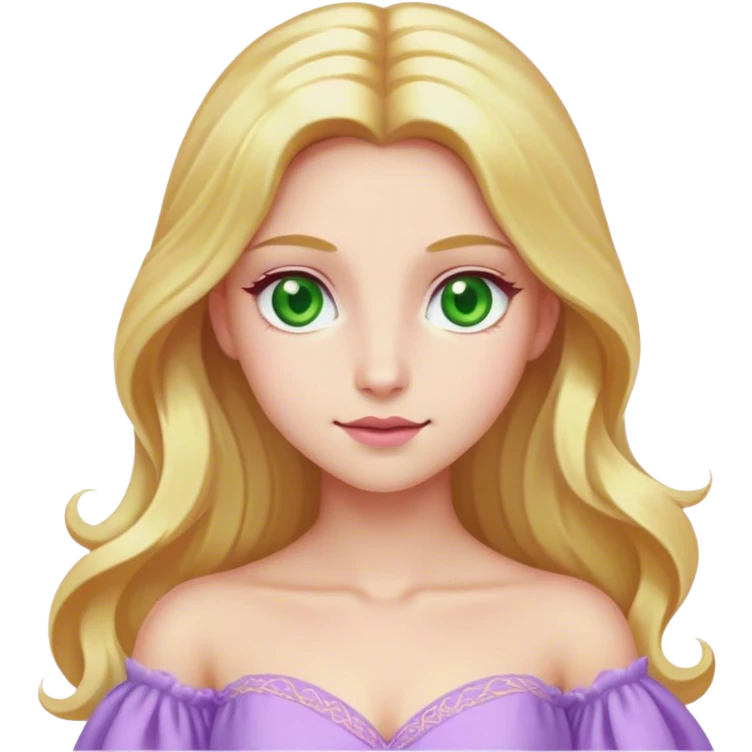 Cinematic Realistic Rapunzel Portrait, with porcelain-like skin featuring a subtle, natural glow, illuminated by soft lighting that brings out the gentle contours of her face. Her long, golden blonde hair cascades in detailed waves, each strand highlighted with a radiant shimmer as it catches the light. She playfully holds a flower in one hand, her other hand resting casually in her lap, with a warm and spirited expression. Her bright, expressive green eyes exude curiosity and warmth, framed by delicate lashes and soft, arched brows. She is dressed in her classic lavender and pink gown, the fabric textured with delicate folds that flow naturally, catching the light with a soft, radiant glow. The portrait captures a luminous, enchanting aura, seamlessly blending realism with a whimsical, fairytale charm, evoking a timeless sense of beauty and magic. emoji